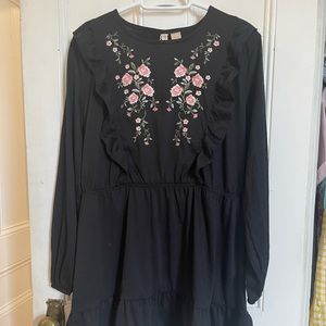 H&M Black Peasant Style Dress with Ruffle and Floral Detail